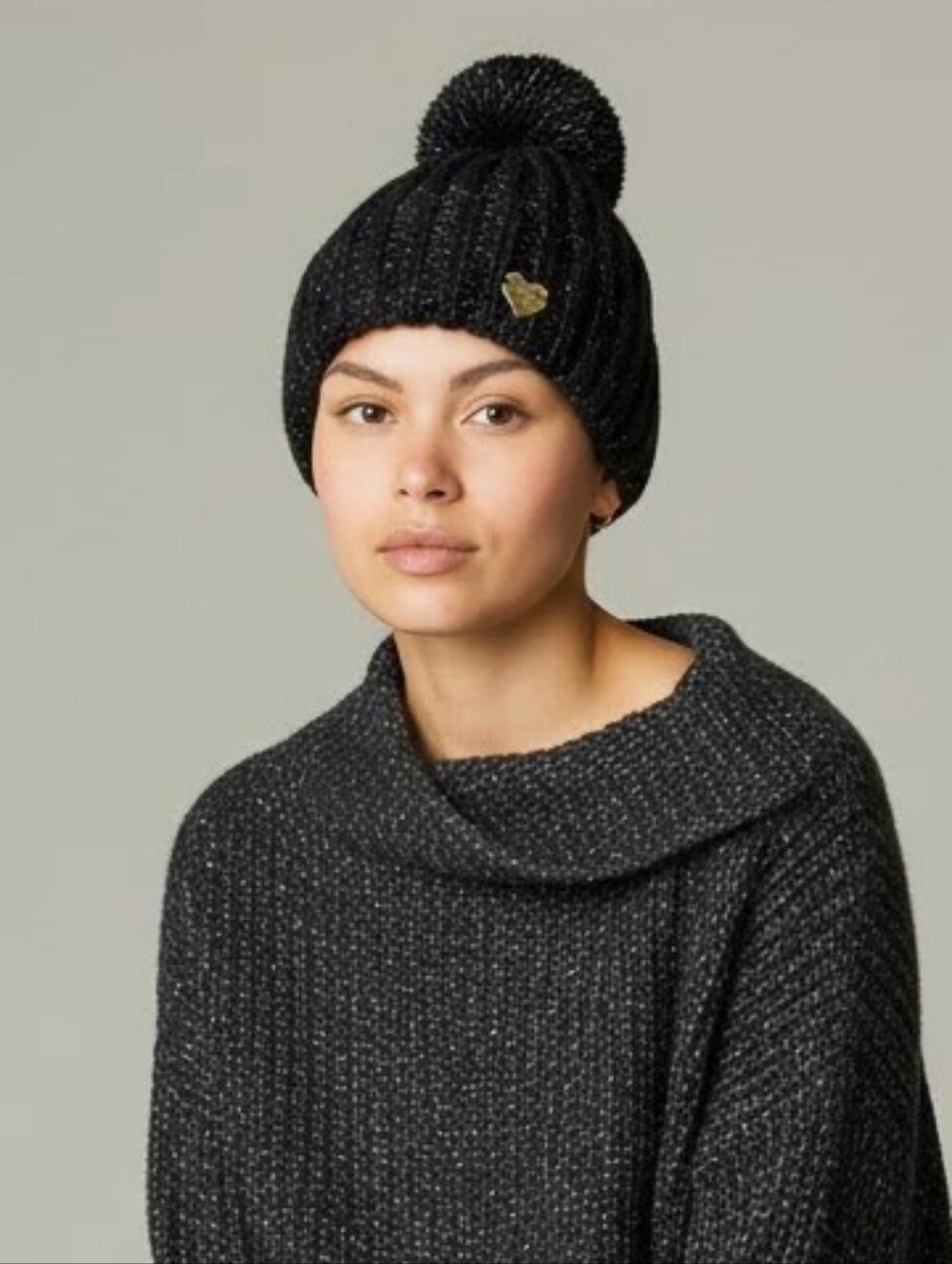 Betsey Johnson Black Pom Pom Knit Hat Gold Heart Logo